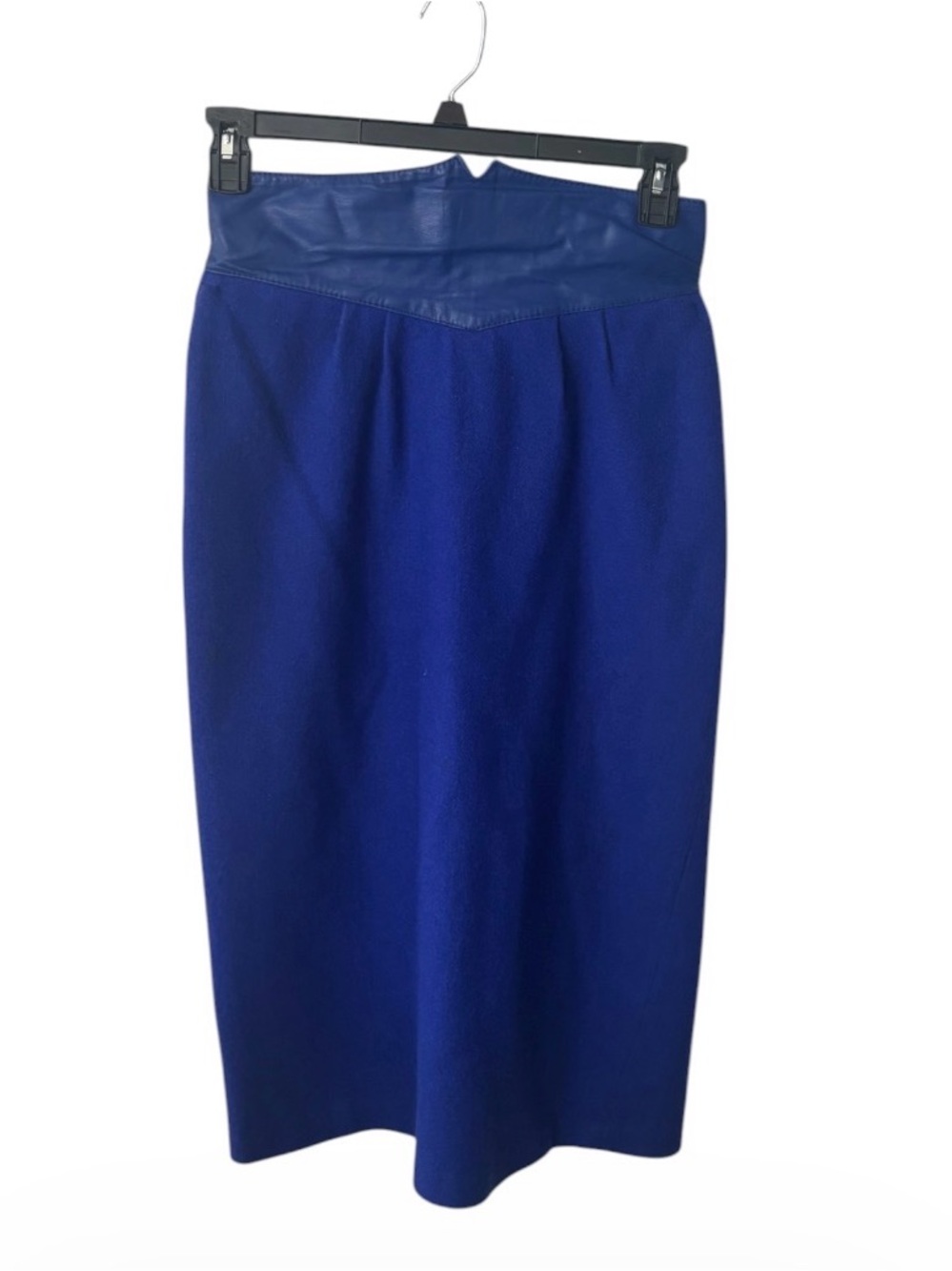 Vintage Comint Argentina 100% Wool Pencil Skirt Blue Leather Waistband Women’s